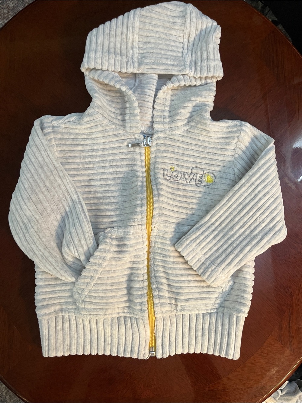 Kids Gray Ribbed Zip Hoodie with Yellow Accent - Love Embroidery